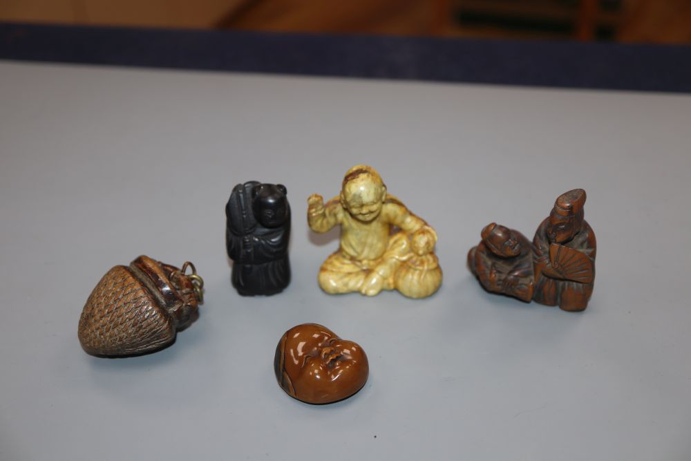 Three various netsuke and two other carvings